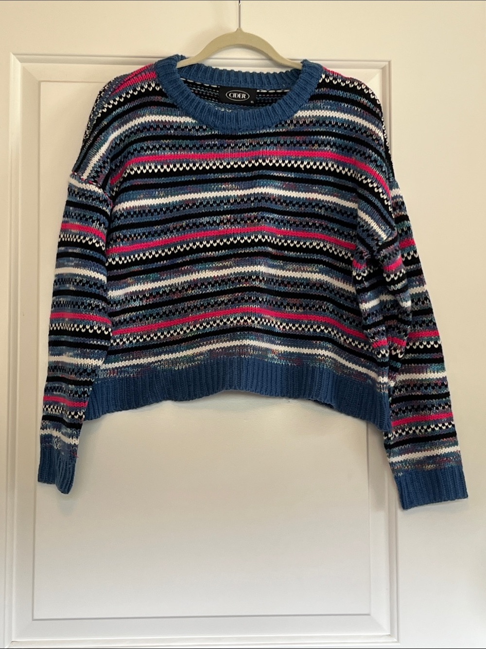 Cider Striped Crewneck Sweater in Blue with Pink & White Accents